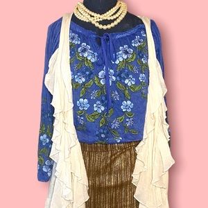 Beautiful Blue Top With Floral Pattern & Semi-Sheer Cutouts, Size M